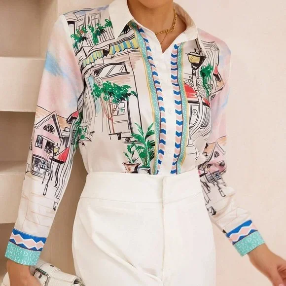 White Boho Womens Street View Print Button Up Shirt - Picture 3 of 5